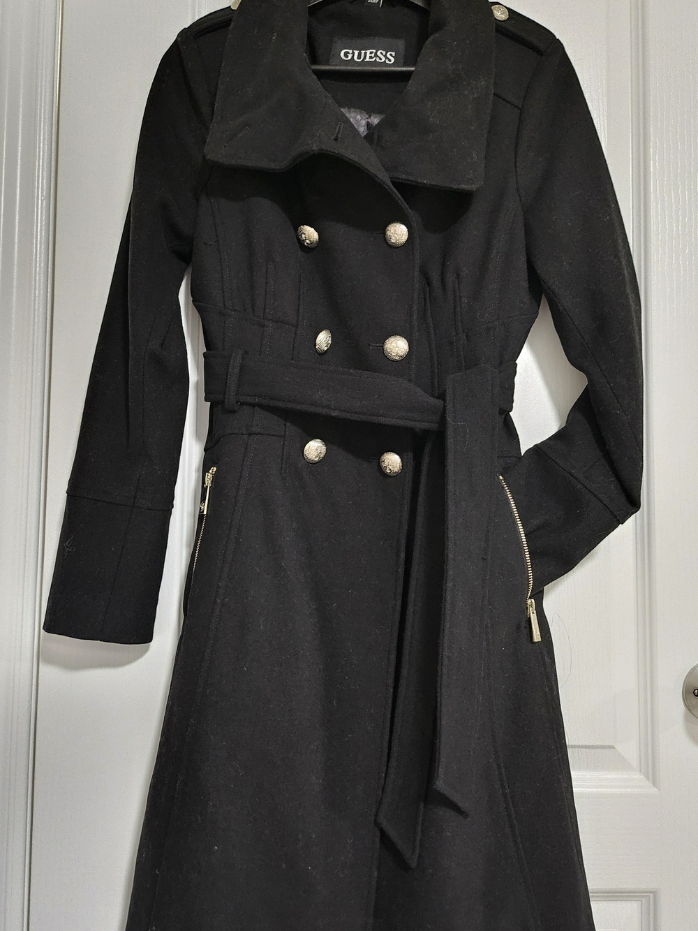 GUESS Black Double-Breasted Belted Trench Coat with Gold Hardware